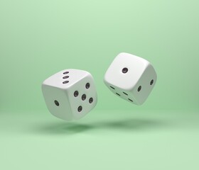 3D rendered white dices falling down on green surface, close up view, gambling concept