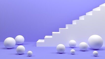3d rendering of abstract geometric background, lilac scene with white stairs and spheres