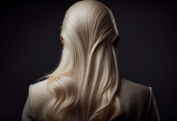 Naklejka premium Perfekte, gesunde und glänzende blonde Haare im Fokus eines Portraits. Perfekt für Friseur- Haarfarbe- und Shampoo- werbung. -Generative Ai