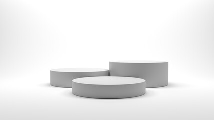 Three grey cylindrical platforms on whit background for product presentation. Mock up minimal design with empty space. 3d rendered illustration with geometric shapes