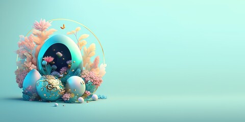 Easter Background with 3D Illustration with a Fantasy Theme of Eggs and Flowers 