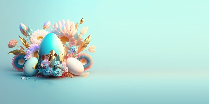 Easter Background with 3D Illustration with a Fantasy Theme of Eggs and Flowers  - Powered by Adobe