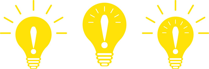 Set of yellow light bulb lamps with an exclamation mark inside. Flat  illustration. Solving problems in business. Innovation and teamwork in company. Creative bright idea brainstorming concept.