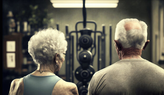 Rear View Of Senior Couple Looking At Each Other In Fitness Center, Generative Ai