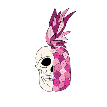 Half skull half pineapple pink design element on transparent background png