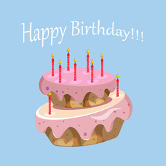 Illustration of a postcard happy birthday cake with syechami. Festive card, congratulation, pnchat.
