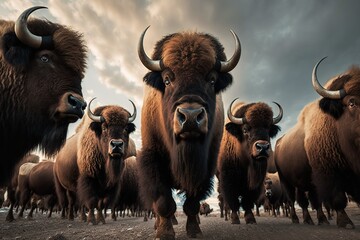Wide-angle shot of herd of bison with shaggy fur and sturdy builds, concept of Panoramic View and Low Perspective, created with Generative AI technology - obrazy, fototapety, plakaty