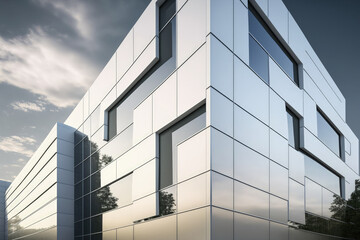 White aluminum composite panels are used in an office building. a glass and metal facade wall. current corporate architecture that is abstract. Generative AI