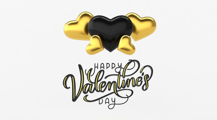 Golden heart balloons on white background, Black and gold colors, Valentine's day concept background, 3D Rendering.
