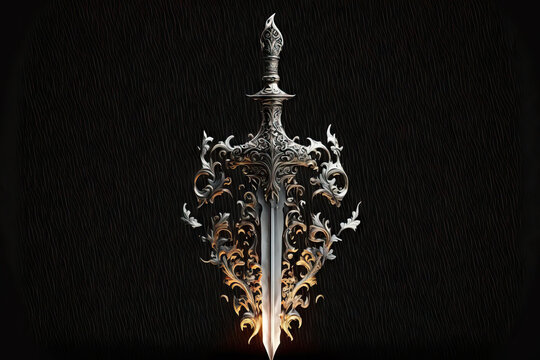 Silver sword with flames in a fascinating, magical image on a Gothic, pitch black background. The medieval era as an idea. Generative AI