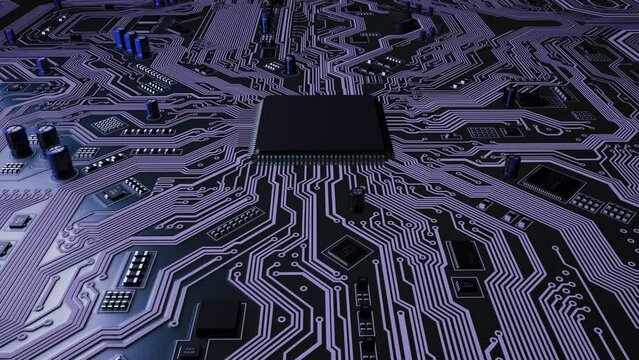 The processor chip on the mainboard sends digital data pulses over the communication lines using a microprocessor. The camera moves around the chip. Visualization of electronic technologies. Loop.