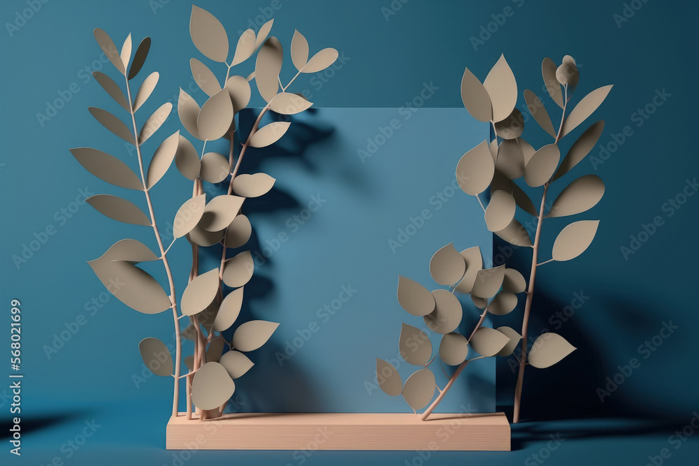 Poster abstract nothing eucalyptus leaves and shadows on a wooden podium with a blue background. mock up st