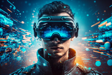 AI Metaverse concept collage design with man wearing VR headset, man with smart glasses futuristic technology binary digits background - obrazy, fototapety, plakaty