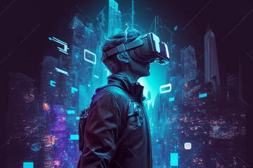Obraz premium AI Metaverse concept collage design with man wearing VR headset illustration, man with smart glasses futuristic technology cyberpunk background