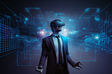 Businessman explore metaverse technology with blockchain network connecting. Computer generated environment between user interface and augmented reality and virtual reality on social media platform AI