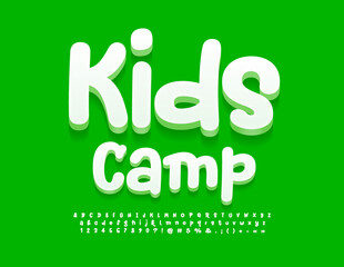 Vector creative banner Kids Camp. Funny white 3D Font. Playful style Alphabet Letters and Numbers