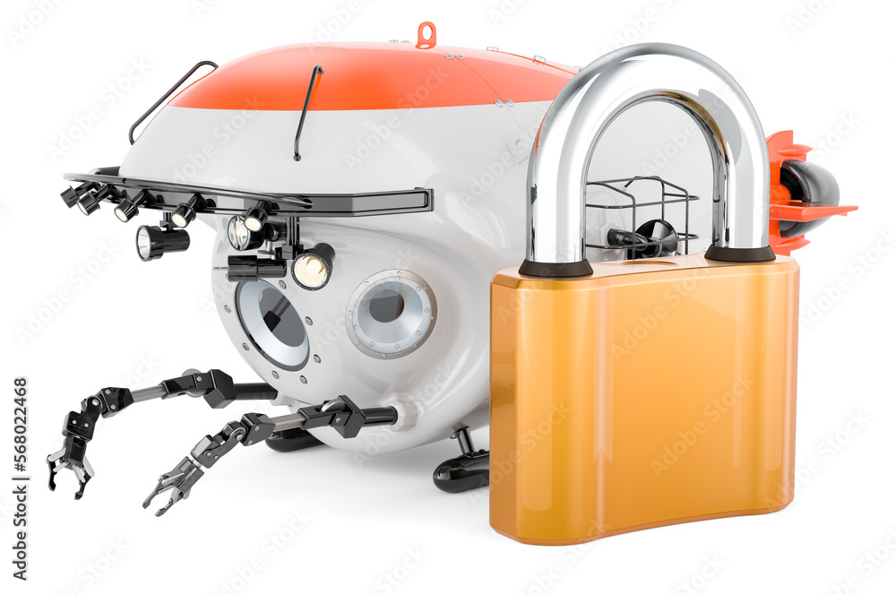 Poster bathyscaphe with padlock, 3d rendering