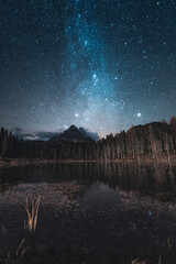 Night Photography Milky way Stars of Lake Lago d'Antorno in Dolomites Italy