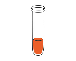 Hand drawn cute illustration of test tube with blood. Flat vector laboratory equipment in simple colored doodle style. Blood test, donor, medicine sticker, icon or print. Isolated on white background
