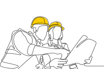 Single continuous line drawing of young construction manager giving instruction to builder coordinator at site meeting. Building architecture business concept. One line draw design vector