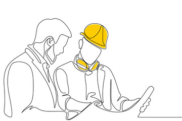 Single continuous line drawing of young construction manager giving instruction to builder coordinator at site meeting. Building architecture business concept. One line draw design vector