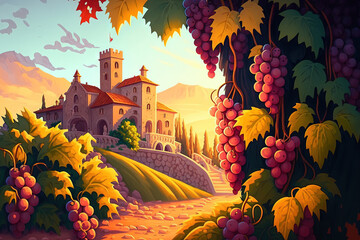 Vine grown, ripe wine grapes in Tuscany, Italy. Beautiful winery and vineyard. Sunlight at sunset. Generative AI