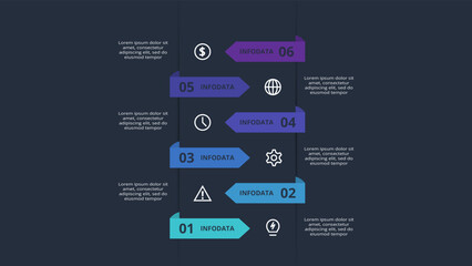 Arrows dark infographic with 6 elements template for web on a black background, business, presentation. Vector