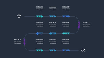 Arrows dark infographic with 11 elements template for web on a black background, business, presentation. Vector