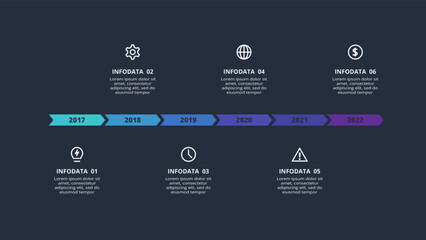 Arrows dark infographic with 6 elements template for web on a black background, business, presentation. Vector