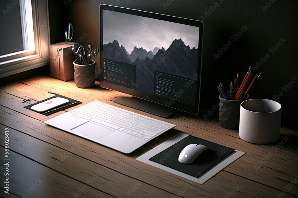 Poster office setting with a mockup laptop computer on a desk, along with office accessories. generative ai