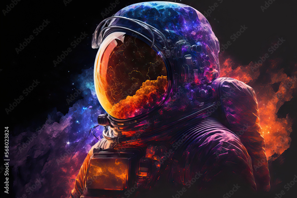 Poster background in space. astronaut on reflective surface holding a vibrant fractal nebula. electronic pa