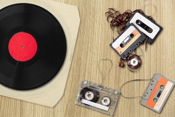 Old retro Vinyl records and cassette tapes