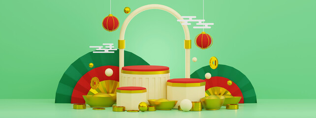 3D illustration Chinese New Year Green Red and Golden Theme Product Display Background. 3D Render