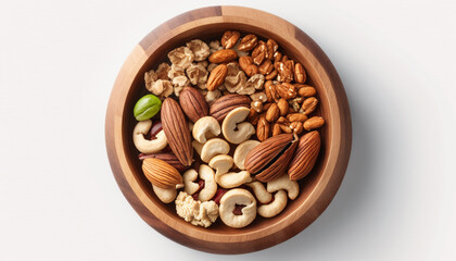 Fototapeta premium Wooden bowl with mixed nuts on white table. Healthy food and snack top view