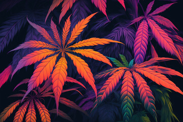 Fototapeta na wymiar Long banner marijuana plants grow. Lovely cannabis background in the tropics. A new look at the hemp crop strain. Cannabis that is vibrant and exotic, with purple and orange leaves and buds