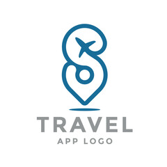 Pin travel logo template. Letter S, plane and location concept logo.