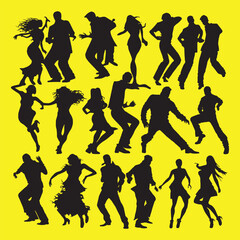 silhouettes of dancing people group vector illustration. Dancing man and woman, couple silhouette set