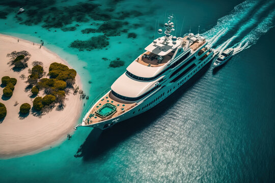 Large yacht boat with helicopter landing place captured in aerial drone photo in tropical exotic paradise bay with turquoise open sea. Generative AI