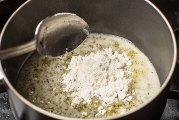cooking sauce from butter and flour. Add flour to melted butter. Breading.