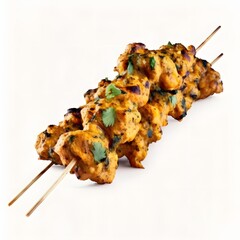 chicken tikka kebabs on bamboo skewers isolated on white background. with focus stacking