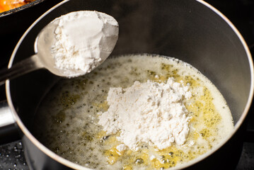 cooking sauce from butter and flour. Add flour to melted butter. Breading.
