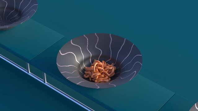 4K 3d animation. Looped animation video of spaghetti falling on colorful plates.