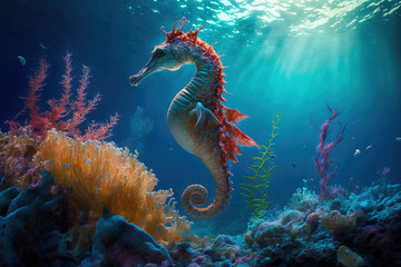 Hippocampus the seahorse swimming in the water with corals in the background. Generative AI - obrazy, fototapety, plakaty