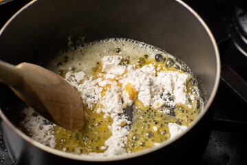 cooking sauce from butter and flour. Add flour to melted butter. Breading.