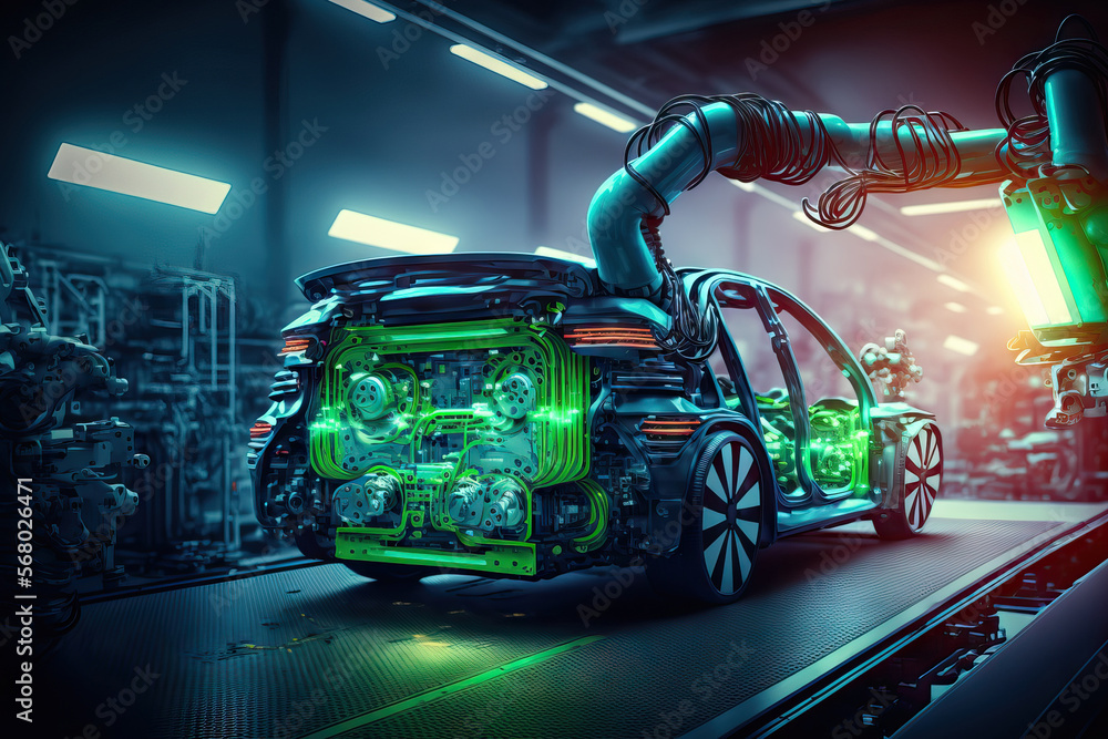 Poster automated robot arm assembly line producing high tech green energy electric vehicles in a car factor