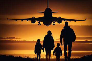 Fototapeta na wymiar Generative AI illustration of family watching the airplane in sunset. Traveling together concept. Dream holidays. Vacation time.