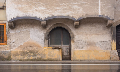 A medieval residential building in Spodnji Trg in Skofja Loka in Gorenjska, Slovenia. It has jettying with arch support
