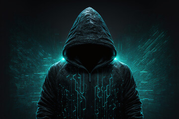 Cyber-security hacker with a hoodie hiding face -computer technology background wallpaper created with a Generative AI technology	