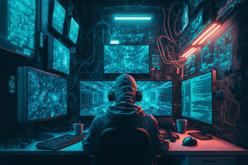 Cyber-security hacker with a hoodie hiding face -computer technology background wallpaper created with a Generative AI technology	