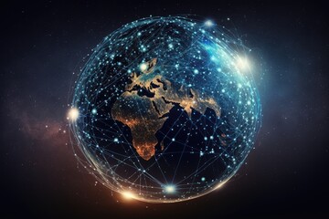 Obraz premium Generative AI illustration of network connection around planet Earth. View from space of global communication technology, internet connection, mobile, web, big data.